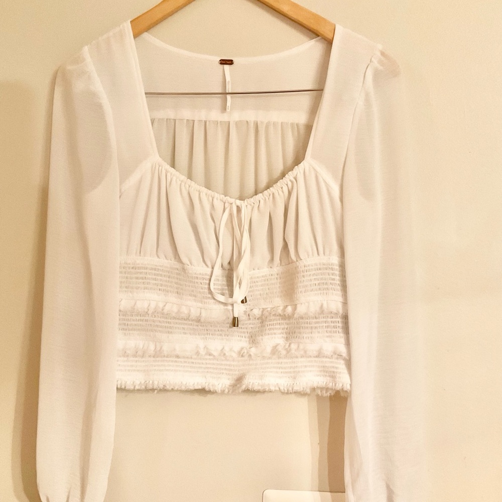 Free People Long Sleeve White Drawstring Blouse Xs